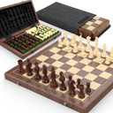 Premium 38 cm Walnut Magnetic Chess and Checkers Set - 2-in-1 Foldable Wooden Board Game with Staunton Figures, 2 Extra Ladies, Tiles and Dust Bag (Black)
