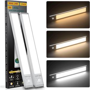 Under Cabinet Lights,88 LED Operated Motion Sensor Light Indoor,2200mAh USB Rechargeable Closet Lights, 2 Pack Magnetic Dimmable Closet LightsWireless Under Counter Lights for Kitchen, Stairs