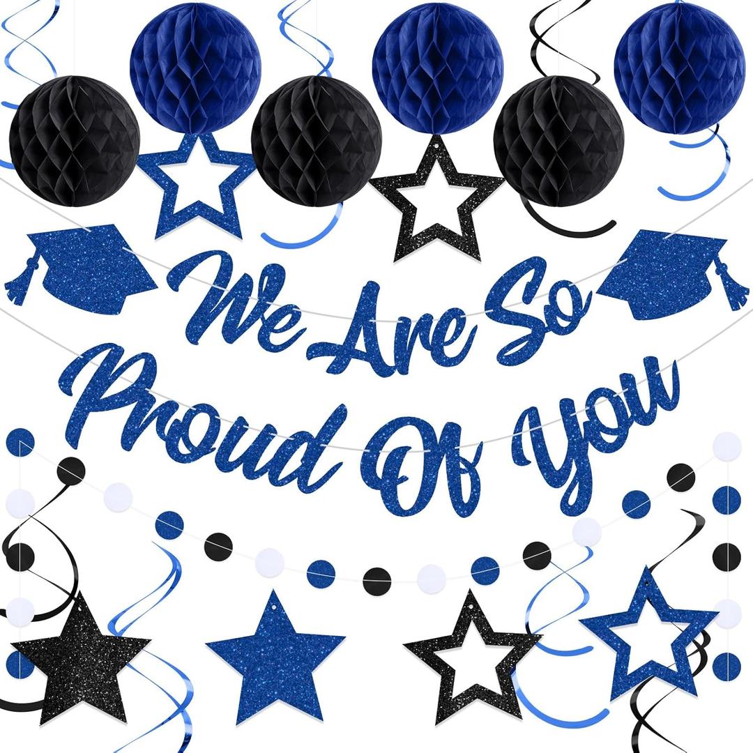 Oudain Black Blue Graduation Decorations Class of 2025 We Are So Proud Of You Banner with Honeycomb Balls Glitter Stars Hanging Swirls Circle Garland for High School College Grad Party Supplies