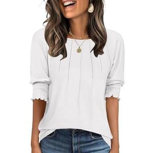 ANRABESS Womens Tops 3/4 Sleeve Crewneck Pleated Dressy Casual Shirts 2025 Summer Business Basic Tee Blouses Work Outfits White XXL