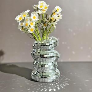 Disco Ball Spiral Vase Unique Glass Tiles Flower Bottle Disco Ball Planter Silver Mirror Vase for Home Living Room Kitchen Office Table Decor (Silver)