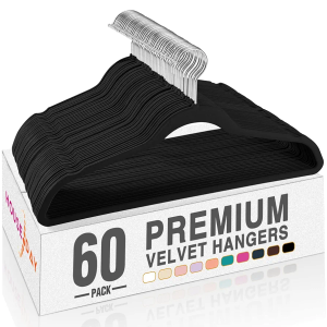 HOUSE DAY Black Velvet Hangers 60 Pack, Non Slip Clothes Felt Hanger Heavy Duty for Coat, Premium Slim Space Saving Suit Hangers for Closet Organizer, 360° Rotating Silver Hook