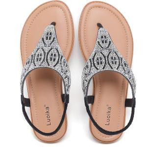 Luoika Women's Wide Width Flat Sandals, Flip Flop Thong Strappy Rhinestone Comfortable Summer Beach Shoes 8.5