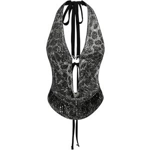 Women's Cheetah Print Sequin Top Y2K Tie Back Corset Halter Going Out Crop Tops. Used.