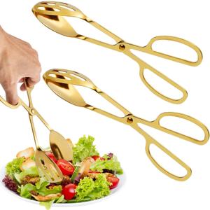 2 Pack Gold Salad Tongs,10 Inch Stainless Steel Kitchen Tongs for Serving Food, Kitchen Scissor Tongs for Cooking Buffet Catering Bread Pastry Dessert BBQ