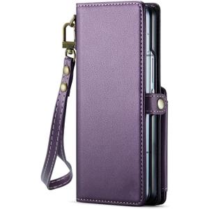 Wrist Strap Case for Samsung Galaxy Z Fold 7,Heavy-Duty Protector Leather Wallet Case RFID Blocking Card Holder Phone Cover,Purple,Z Fold 7