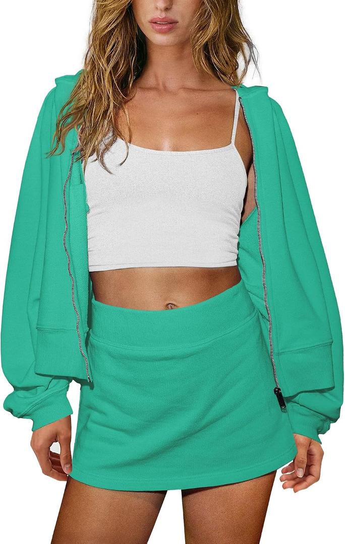 Panadila Womens 2 Piece Workout Sets Lounge Matching Sets Zip Up Hoodie and Skirt Gym Clothes Yoga Outfits, Large