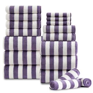 18 Pcs Purple Stripe Bath Towel Set with Hanging Loop-6 Bath Towels,6 Hand Towels,6 Washcloths Soft Family Towels Set Bathroom Towel Highly Absorbent Quick Dry Shower Towel for Beach Spa Gym Hotel