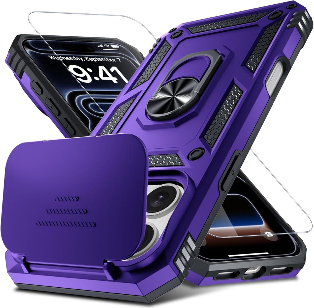 Janmitta Case for iPhone 17 Pro Phone Cover Built in Foldable Camera Lens Cover+Screen Protector,Heavy Duty Shockproof Full Body PhoneCase with Finger Ring Holder Kickstand,Purple
