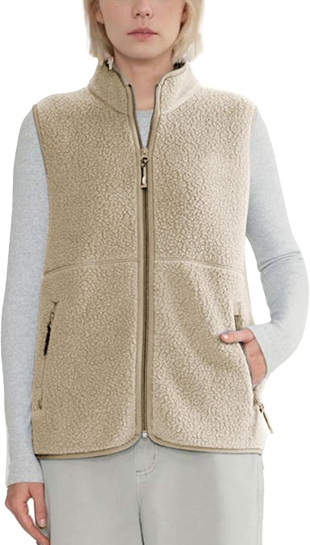 Hixiaohe Sherpa Fleece Vest for Women Trendy Warm Sleeveless Vests Jacket Lightweight Zip Coats with Pockets Fall Outerwear (Large, Khaki)