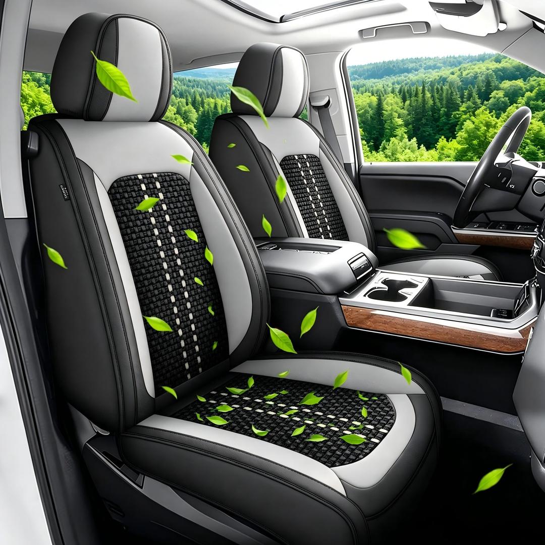 4-Season Ice Silk & Leather Truck Seat Covers - Fit Chevy Silverado 1500 2500HD 3500HD (2007-2026) -5 Full Set Black&Gray, Not Cold in Winter, Breathable Non-Slip Automotive Seat Cushion Protector
