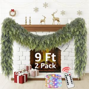 Cedar Christmas Garland for Mantle - 2 Pack Decorations with Lights 9ft Realistic Lighted Faux Pine Garlands for Xmas Home Decoration Indoor Stairs Railing Fireplace Outdoor Prelit Garland Door Decor