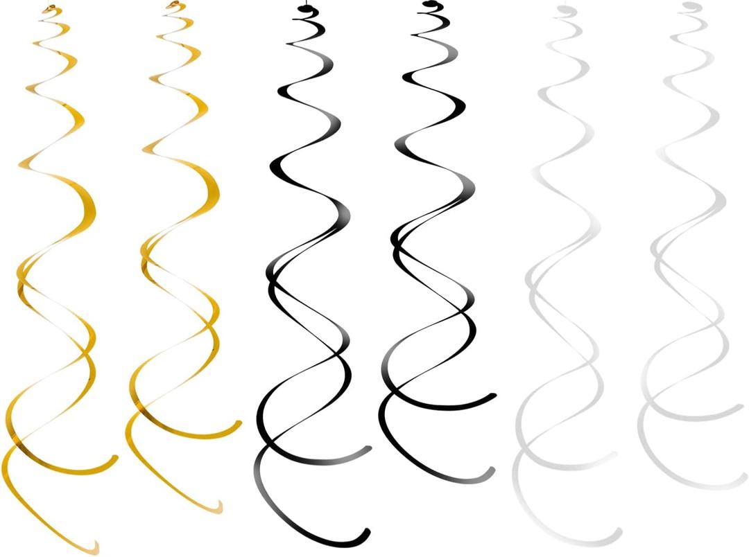 Hanging Swirls Party Streamer Spiral Decorations for Ceiling (30pcs, Black, White, Gold) Hanging Swirls Party Streamer Spiral Decorations for Ceiling (30pcs, Black, White, Gold)