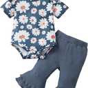 SUNNY PIGGY Baby Girl Clothes Newborn Outfits Ruffle Floral Romper Flared Pants 3Pcs for Infant 0 3 6 9 12 18 24 Months (Blue)