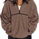 LASLULU Womens Half Zip Pullover Sweatshirt Sherpa Fleece Jacket Oversized Sweatshirts Warm Fuzzy Sweaters Pockets (Medium, Brown)