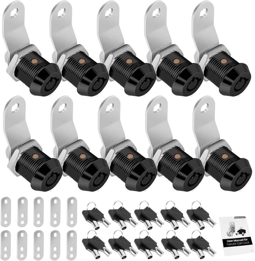 10 Pack Tool Box Lock with Keys, 5/8" RV Storage Lock Keyed Alike, Cabinet Lock Cam Locks for Toolbox Lock Replacement Mailbox RV Compartment Locks with Manual (Black -10 Pack, 5/8 Inch)