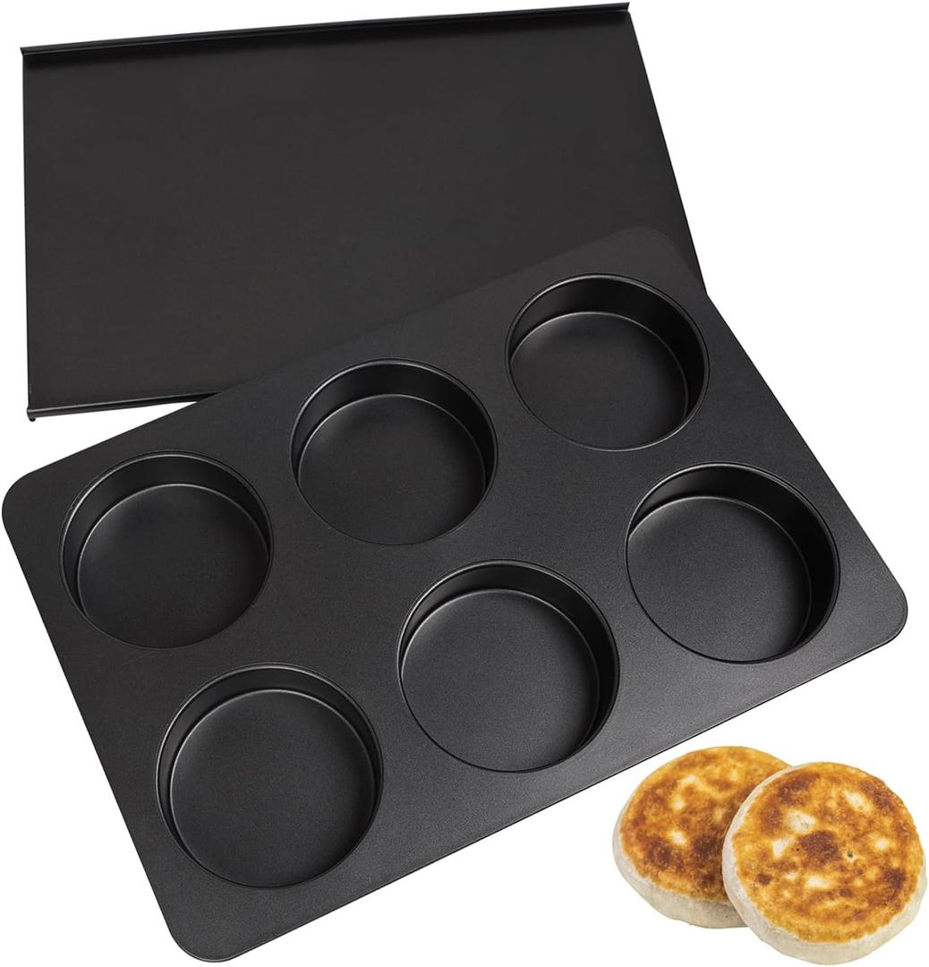 6 Cup Straight Side Jumbo English Muffin Cupcake Pan with Lid Hamburger Burger Bun Egg Sandwich Frittata Cinnamon Roll Focaccia Quiche Pancake Nonstick Baking Tin Tray Mold