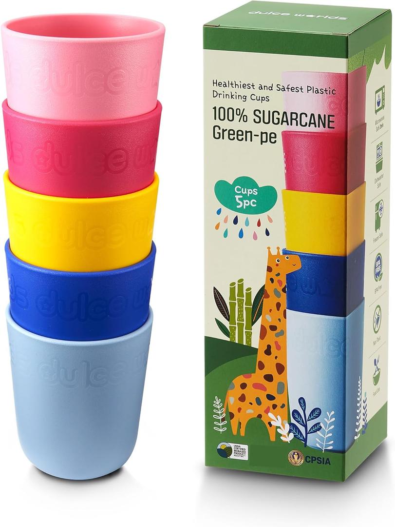 SUGARCANE Kids Cups 10 oz - 5 Pack, USDA & LFGB Certified Toddler Cups - BPA Free - Dishwasher Safe, Reusable, Unbreakable - Multi (5Multi (Blue / Pink / Yellow))