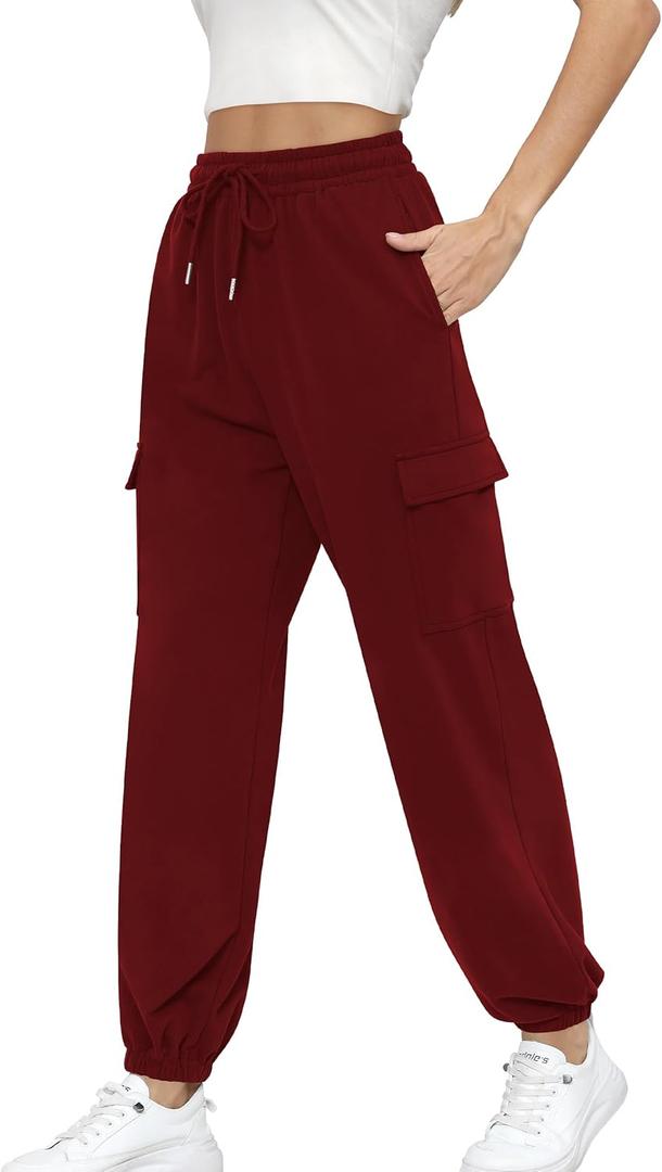 Missufe Women's Joggers Sweatpants Elastic High Waist Drawstring Cinch Bottom Casual Pants with Pockets (XX-Large, Wine Red)