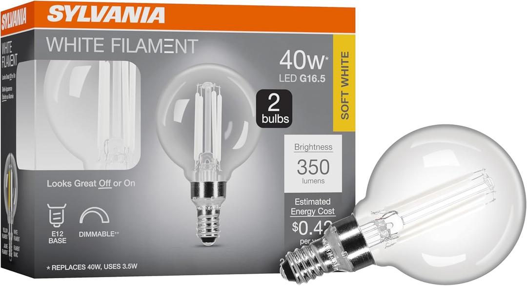 Sylvania G16.5 Clear Globe LED White Filament Bulb, 3.5W, Dimmable, 350 LMS, Candelabra Base, 2700K, Soft White - 2 Pack (42243)