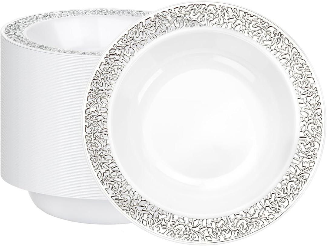 I00000 100 Silver Plastic Bowls, 12 oz Disposable Bowls, Premium Disposable Heavy Duty Plastic Bowl for Birthday, Wedding & Party