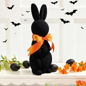 Fiwochic Ghotic Bunny Decorations Black Flocked Bunny Figurines with Bow Tie 11.8 in Velvet Rabbit Tabletop Mantel Decorations for Home Centerpieces Halloween Party Decor