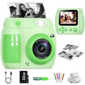 Kids Camera Instant Print, Birthday Gifts for Girls Boys with 3 Rolls Print Paper & 32GB Card, 48MP Toddler Digital Camera 1080P HD Video Toys Camera for Kids 3-12, Green