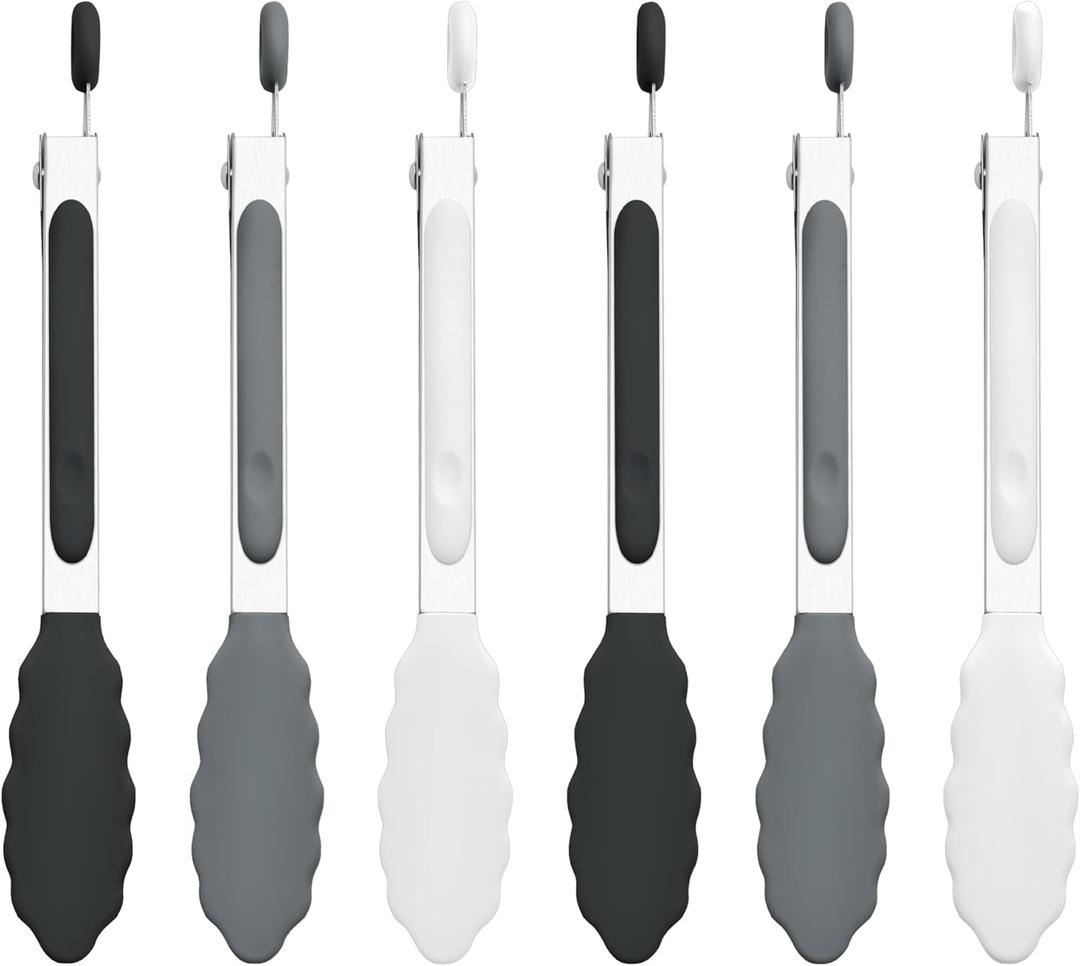 7-Inch Silicone Tongs Pack of 6, Small Stainless Steel Tongs with Silicone Tips for Cooking, Serving, BBQ, Grilling, Salad, Buffet, Party (7", Black/Gray/White)