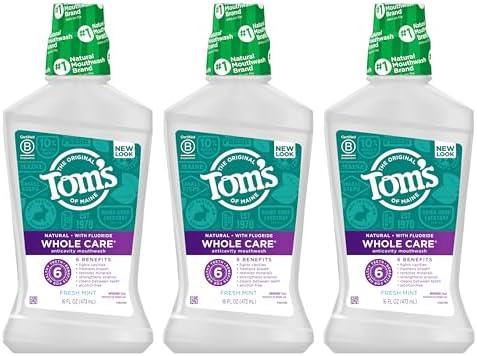 Tom's Of Maine Whole Care Natural Fluoride Mouthwash, Fresh Mint, 16 Oz (Pack of 3) (Packaging May Vary)