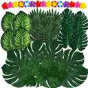 Moon Boat 120PCS Tropical Palm Leaves Plants Hibiscus Artificial-105Pcs 7 Kinds Green Fake Leaf+15pcs Flowers, Hawaiian/Luau/Safari Jungle Party Table Decorations
