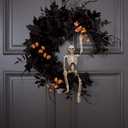 20" Pre-lit Halloween Black Moon Wreath with Poseable Skeleton, Handmade Halloween Wreath Decor for Home Front Door Porch Wall Hanging