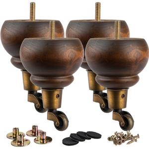 La Vane 5.5 inch Wooden Furniture Legs with Castor, 4PCS Soild Wood Glaze Turned Replacement Bun Feet with Pre-Drilled M8 Inch Bolt & Mounting Plate for Armchair Ottoman Recliner Chair Footstool (Type #03)