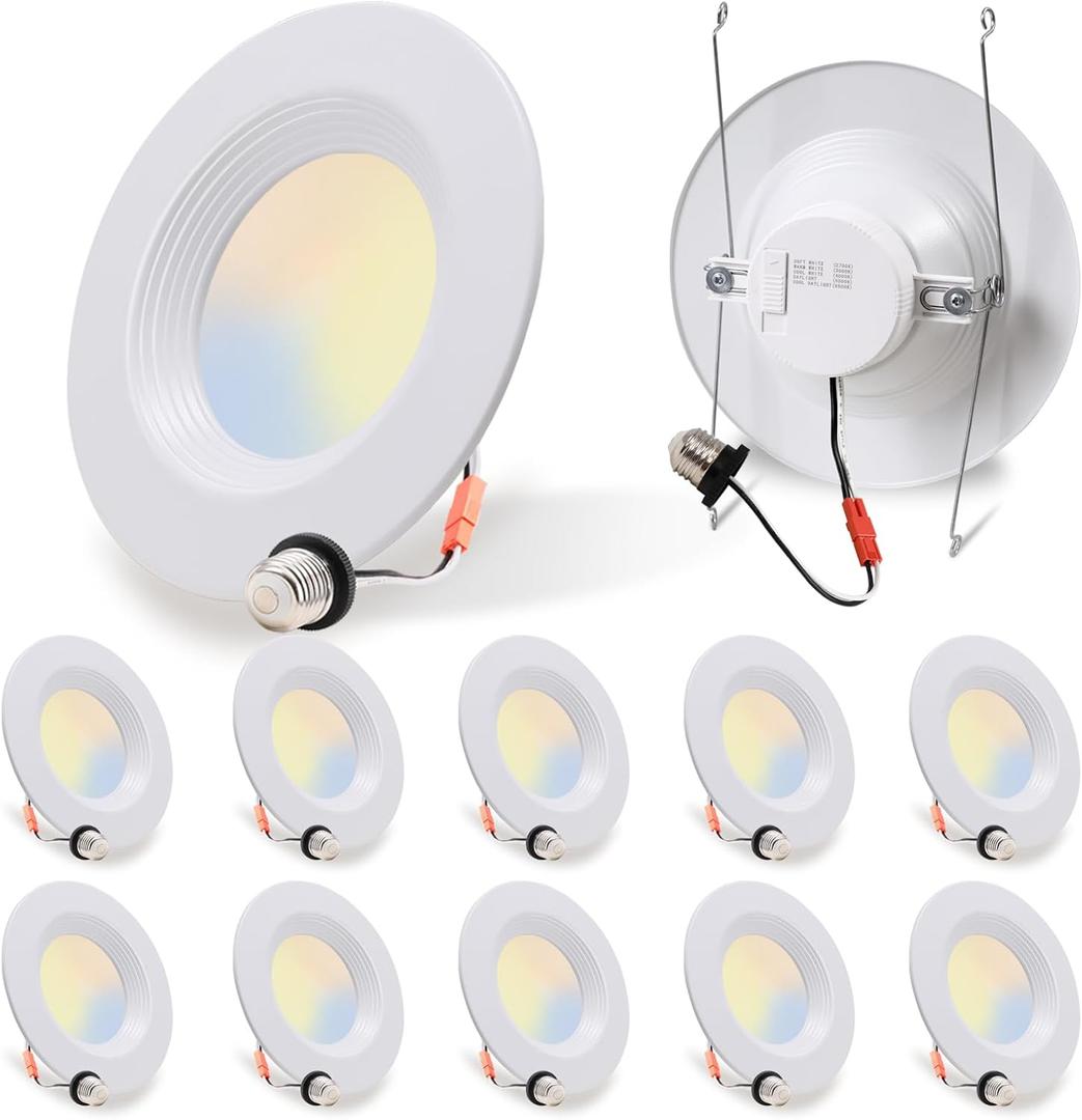 12 Pack 5/6 Inch 5CCT LED Recessed Downlight, Can Lights with Baffle Trim, Wet Rated, E26 Base, 10.5W=85W, CRI 90, Dimmable, Simple Retrofit Installation, Energy Star & ETL Listed