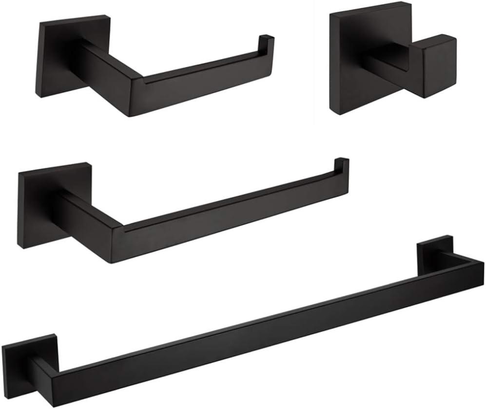 VELIMAX Premium Stainless Steel 4 Pieces Bathroom Hardware Accessories Set Wall Mounted Towel Bar Set, Matte Black, 23.6-Inch