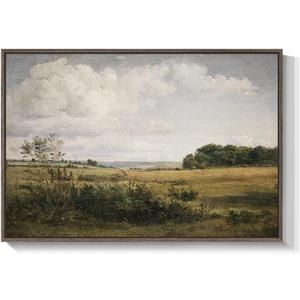 Framed Landscape Wall Art for Living Room, Vintage Farmhouse Countryside Artwork for Walls, Large Retro Rustic Nature Canvas Paintings Prints for Bedroom Kitchen Office Fireplace Wall Decor, 24x36 In (Grassland)