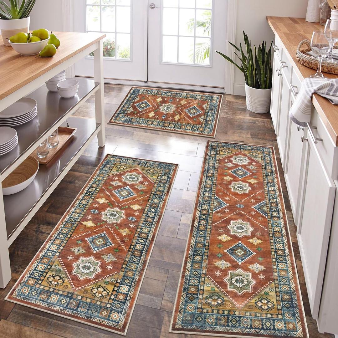 HEBE Boho Kitchen Rug Sets 3 Piece with Runner Non Slip Kitchen Rugs and Mats Washable Kitchen Mats for Floor Thick Kitchen Floor Mat Carpet Runner Rugs for Hallway Laundry Holiday Decor (20"x32"+20"x48"+20"x59", Red/Coffee)