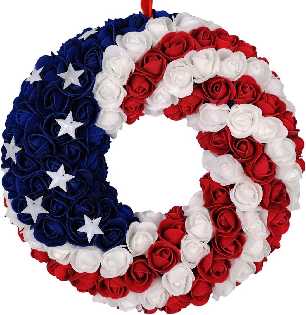 idyllic July 4th Wreath Patriotic Americana Wreath Boxwood Handcrafted Memorial Day Wreath Festival Garland Decoration Front Door Wall Home Decor (Blue) (13" ROUND)