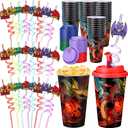 Yungyan 16 Sets Dragon Party Favors Goodie Cups with Lids and Straws for Birthday Decorations Reusable 16oz Plastic Candy Cups Plastic Straws for Birthday Party (Dragon)