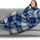 PAVILIA Fleece Blanket with Sleeves, Foot Pockets for Women Men Adults, Plush Wearable Blanket Throw Wrap, Warm Snuggle Blanket Robe, Cozy Gift Ideas Wife Mom, Plaid Navy Blue