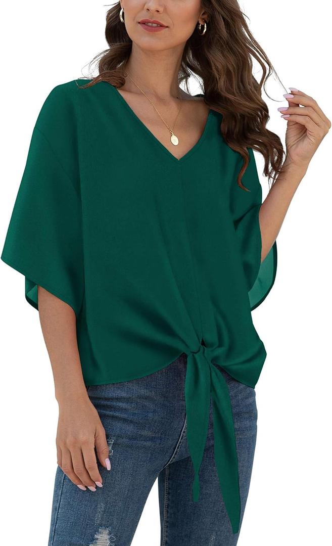 VIISHOW Womens Tie Front Chiffon Blouses V Neck Batwing Short Sleeve Summer Tops Shirts L
