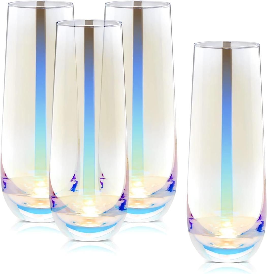 Sparkle and Bash Iridescent Stemless Champagne Flutes & Mimosa Glasses, Set of 4-10 Oz Capacity Modern Holographic Drinkware - Finish & Versatile Stemless Wine Glasses