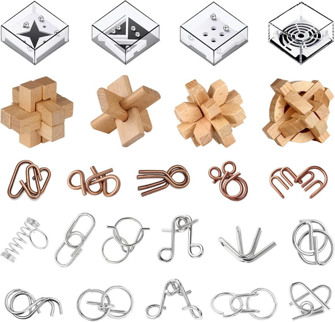 24 Pack Brain Teaser Puzzle Set, Metal & Wooden Puzzles with Balance Challenges, IQ Logic Games and Mind Teaser Toys Party Favors Return Gifts for Kids Teens and Adults