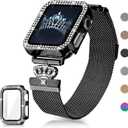 Magnetic Band Compatible with Apple Watch 38mm 40mm 41mm 42mm 44mm 45mm 46mm Stainless Steel Metal Strap with Bling Case and Built-in Screen Protector, Dressy Milanese Loop iWatch Bands for Women (Black) Size: 41MM for Series 9/8/7