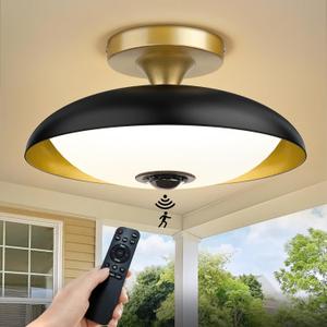 Outdoor Motion Sensor Ceiling Light with Remote, 24W Dimmable 2700K/3000K/3500K/4000K/5000K LED Flush Mount Porch Light, 12" Black Dusk to Dawn Exterior Lighting Fixtures for Paito Entryway