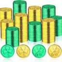 Hanaive 800 Pcs St. Patrick's Day Gold Coins Mardi Gras Coins Gold Green Lucky Coins Plastic Shamrock Leprechaun Coins for St. Patrick's Day Irish Themed Party Decoration Favors