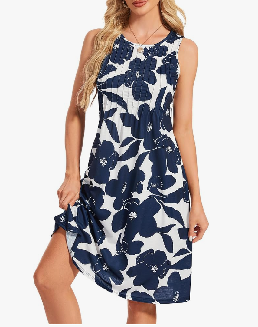 Women's T-Shirt Dress Casual Pleated Crewneck Sleeveless Loose Flowy Midi Tank Summer Dresses 2025 with Pockets XL