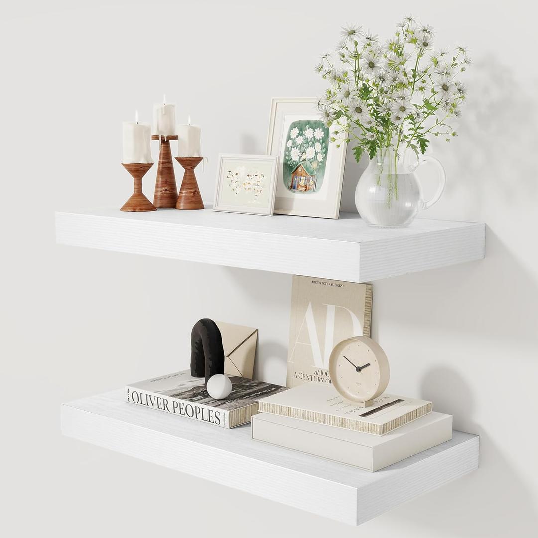 12 Inch Deep White Floating Shelves, 24 x 12 Floating Shelf for Books, Rustic Wood Deep Wall Shelves for Home Storage & Display, 2" Thicked Shelves for Kitchen, Living Room, Bedroom, 2 Pack