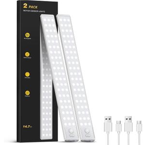 Under Cabinet Lighting - 14.7" Motion Sensor Light Indoor, Magnetic Wireless Closet Lights, Dimmable Led Night Light, Rechargeable Under Counter Lights for Kitchen, Bedroom, Stair, 2 Pack