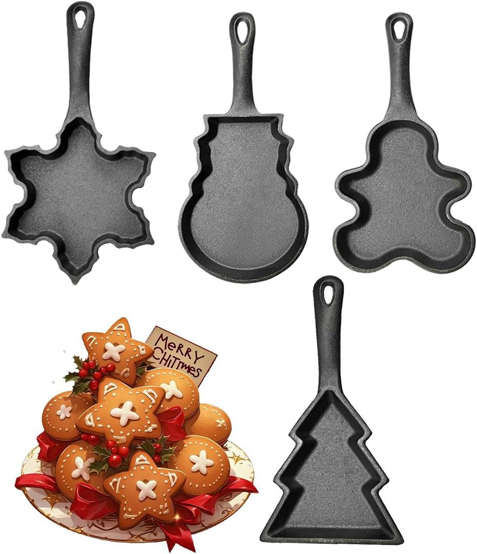 DVK 4Pcs Cast Iron Frying Pan with Various Shapes for Christmas Small Skillet for Baking Cookies Cutters Brownies or Hard-Boiled Eggs