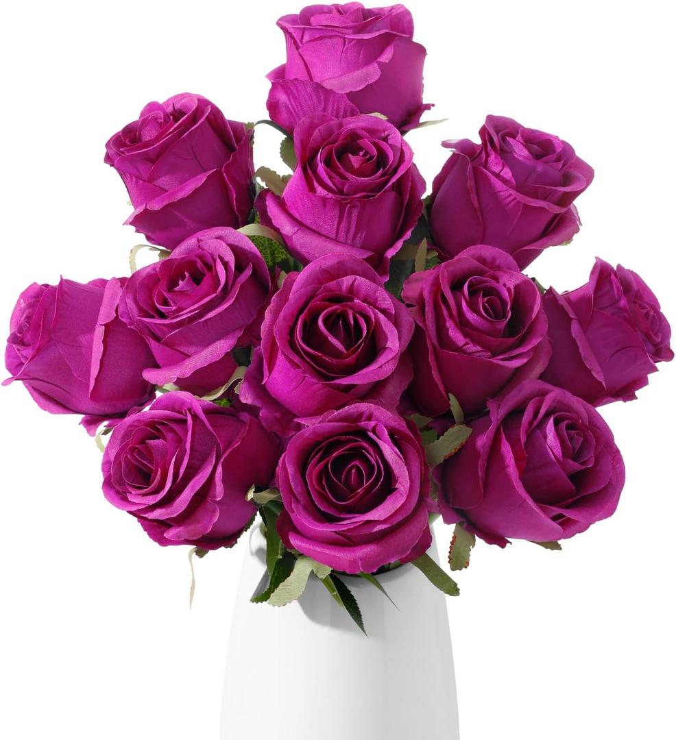 12pcs Purple Roses Artificial Flowers, Realistic Silk Velvet Fake Flowers with Long Stems for Valentines Day Wedding Bouquets Home Decoration Party & DIY Floral Arrangements (Purple)
